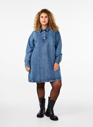 Zizzifashion Short denim dress with A-shape and long sleeves, Blue Denim, Model image number 2