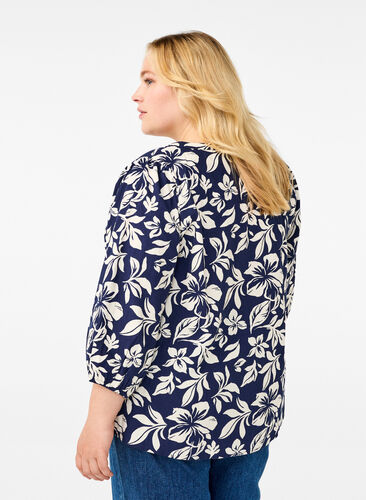 Zizzifashion 3/4 sleeve cotton blouse with print, Naval Academy Flower, Model image number 1