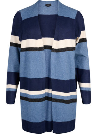 Zizzifashion Long knit cardigan with wide stripes, Bering Sea Mel. Comb, Packshot image number 0