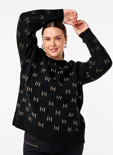 Zizzifashion Patterned pullover, Black Mel. Nomad, Model image number 0