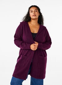 Long knitted cardigan with wool and hood, Potent Purple Mel., Model