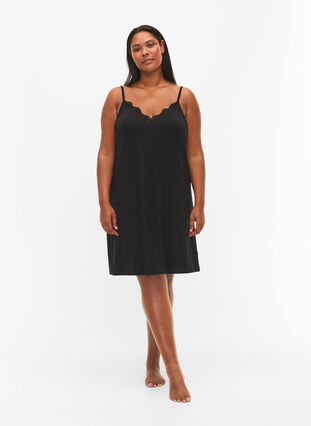 Zizzifashion Viscose nightgown with lace trim, Black, Model image number 2