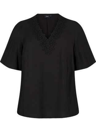 Zizzifashion Viscose blouse with v-neck and embroidery detail, Black, Packshot image number 0