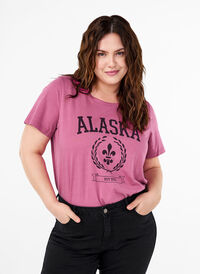 Cotton T-shirt with text motif, Malaga W. ALASKA, Model