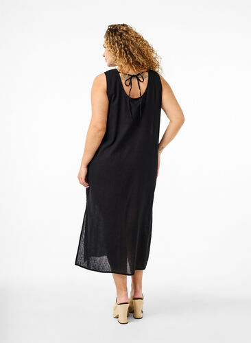 Zizzifashion Sleeveless cotton blend dress with linen, Black, Model image number 1