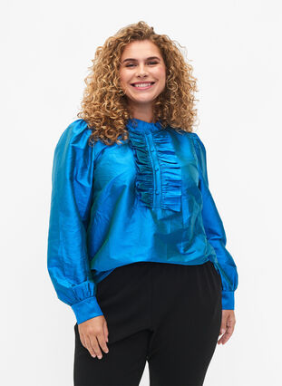 Zizzifashion Shiny shirt blouse with ruffles, Diva Blue, Model image number 0