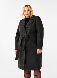 Long wool coat with belt, Dark Grey Melange, Model