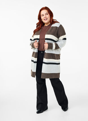 Zizzifashion Long knit cardigan with wide stripes, Light Grey Mel.Comb, Model image number 2