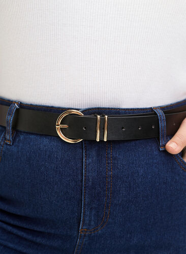 Zizzifashion Faux leather belt with gold-colored buckle, Black w. Gold Buckle, Model image number 1