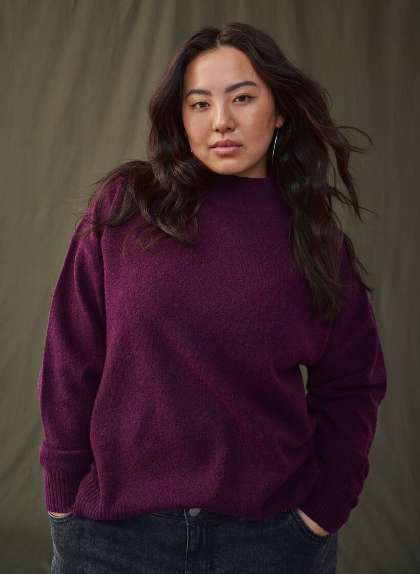 Knitted wool blouse with high neck, Potent Purple Mel., Image