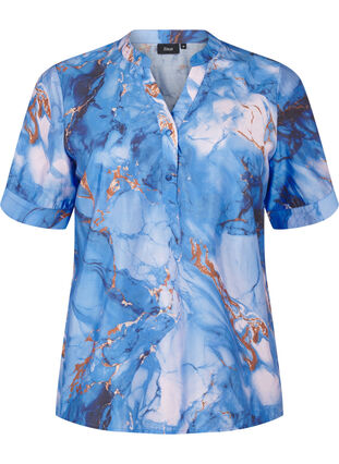 Zizzifashion Viscose blouse with marble print and short sleeves, Palace Blue AOP, Packshot image number 0