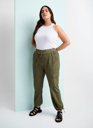 Zizzifashion Loose cargo trousers in cotton, Ivy Green, Image image number 0