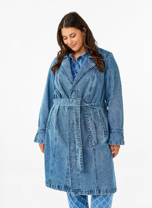 Zizzifashion Denim trench coat with belt, Blue Denim, Model image number 3