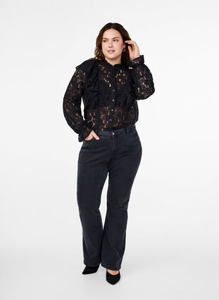 Zizzifashion Lace shirt blouse with ruffle detail, Black, Model image number 2