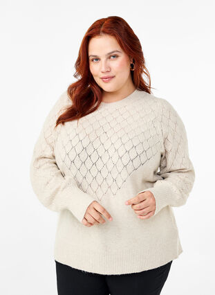 Zizzifashion Knitted blouse with lace pattern, Pumice Stone Mel., Model image number 0