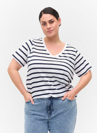 Zizzifashion Striped cotton t-shirt with v-neckline, White Navy B Stripe, Model image number 0