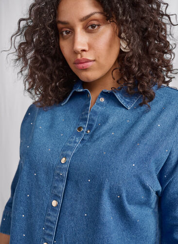 Zizzifashion Denim shirt with rhinestones and 3/4 sleeves, Bl. Denim Rhinestone, Image image number 0