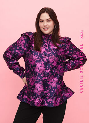 Zizzifashion Floral jacquard blouse with ruffle details, Dark Blue Pink, Model image number 0