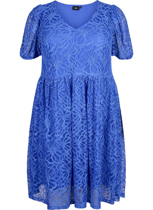 Zizzifashion Short-sleeved lace dress with v-neck, Dazzling Blue, Packshot image number 0