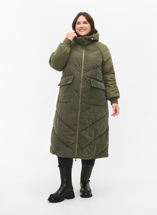 Zizzifashion Long colorblock winter jacket with hood, Forest Night Comb, Model image number 3