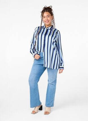 Zizzifashion Striped satin shirt with collar, Blue Stripe, Model image number 2