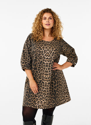 Zizzifashion Denim dress with leopard print, Leo AOP, Model image number 0