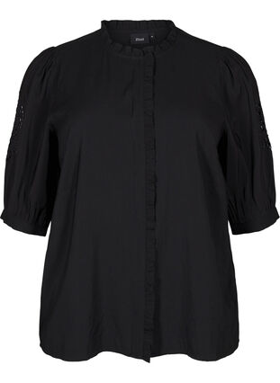 Zizzifashion Shirt blouse with ruffles and broderie anglaise, Black, Packshot image number 0