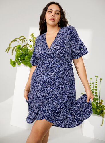 Zizzifashion Printed wrap dress with short sleeves , M. Blue Graphic AOP, Image image number 0