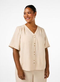 V-neck shirt blouse with short sleeves, Cement, Model