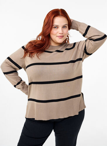 Zizzifashion Knitted viscose blouse with stripes, Desert Taupe Comb, Model image number 0