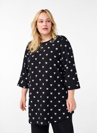 Zizzifashion Tunic with bows and 3/4 sleeves, Black White Bow, Model image number 0