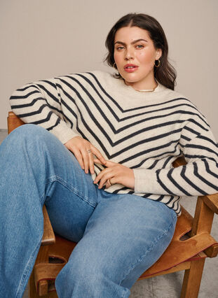 Zizzifashion Knitted blouse with diagonal stripes, Birch Mel. w stripes, Image image number 0