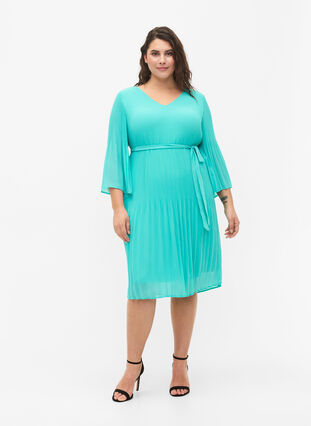 Zizzifashion Pleated dress with 3/4 sleeves, Turquoise, Model image number 2