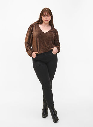 Zizzifashion Glitter blouse with puff sleeves, Black Copper, Model image number 2
