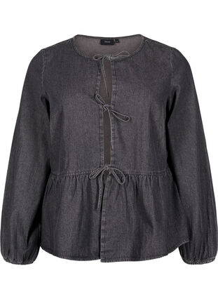 Zizzifashion Peplum blouse in denim with a tie fastening, Dark Grey Denim, Packshot image number 0