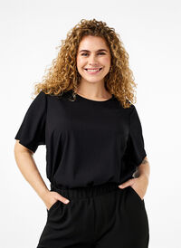 Short-sleeved viscose blouse with ties, Black, Model