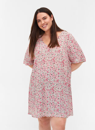 Zizzifashion Viscose tunic with print and short sleeves, Pink Ditsy AOP, Model image number 0