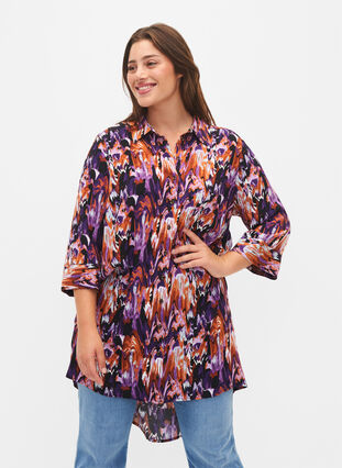 Zizzifashion Long viscose shirt with print, Pansy AOP, Model image number 0