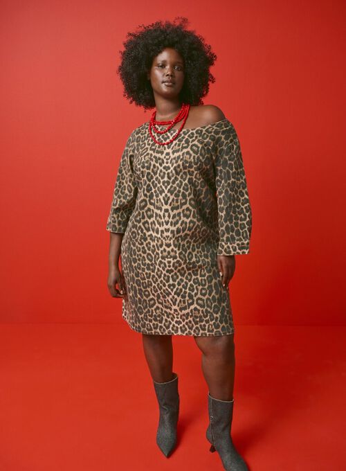 Denim dress with leopard print, , Model