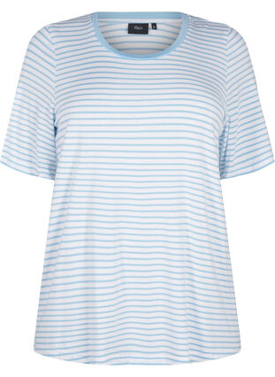 Zizzifashion Striped T-shirt in lyocell with round neck, B White Dusk Blue St, Packshot image number 0