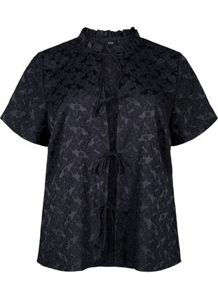 Zizzifashion Short-sleeved jacquard blouse with ties, Black, Packshot image number 0