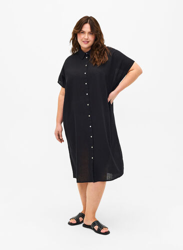 Zizzifashion Long shirt in cotton blend with linen, Black, Model image number 0