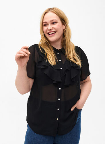 Zizzifashion Short sleeve shirt blouse with ruffles, Black, Model image number 0