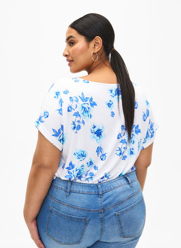 Zizzifashion Floral viscose blouse with short sleeves, White Blue AOP, Model image number 1