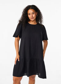 Cotton short-sleeved dress with a-line cut, Black, Model
