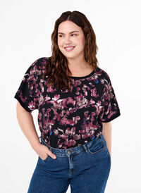 Loose t-shirt with floral print, Black Purple Fl. AOP, Model