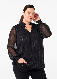 Patterned chiffon blouse with ties, Black, Model