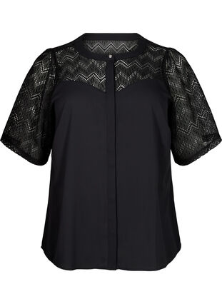 Zizzifashion Shirt blouse with short lace sleeves, Black, Packshot image number 0