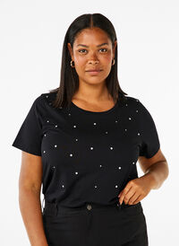 Cotton T-shirt with rhinestones, Black, Model