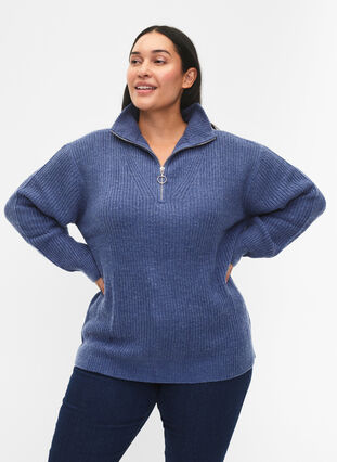 Zizzifashion FLASH - Knitted sweater with high neck and zipper, Coastal Fjord Mel., Model image number 0
